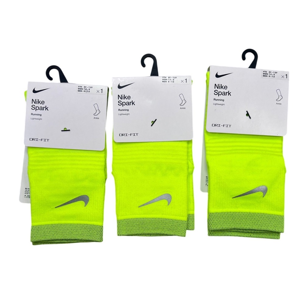 3 Nike Spark Lightweight Running Ankle Socks Volt‎ Neon Yellow M 6-7.5 W 7.5-9